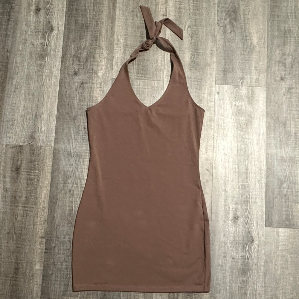 New Women’s Medium Brown Halter Bodycon Mini Dress